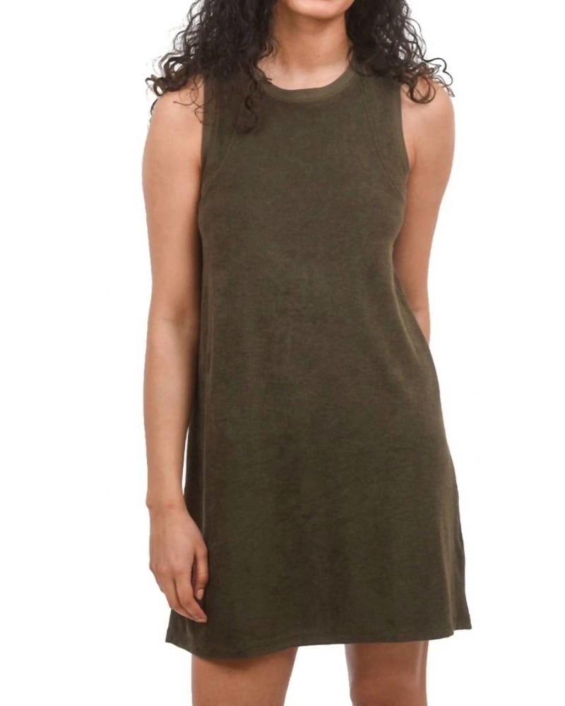 Front of a model wearing a size L French Terry Dress in Kelp in Kelp by Lilla P. | dia_product_style_image_id:363299